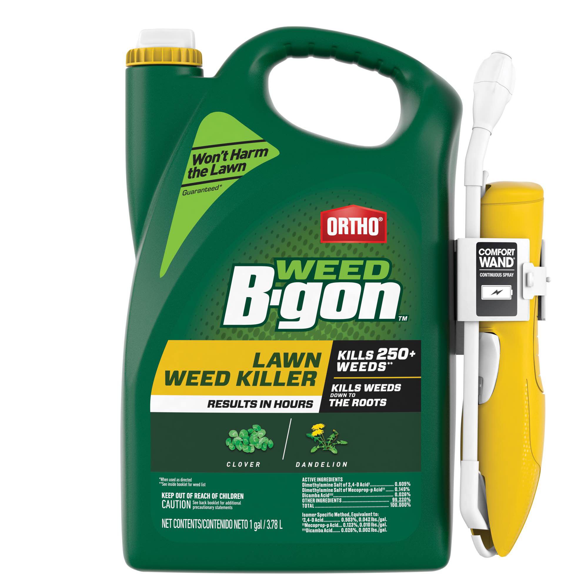 Image of Ortho Weed B Gon can with label "Dandelion Killer"